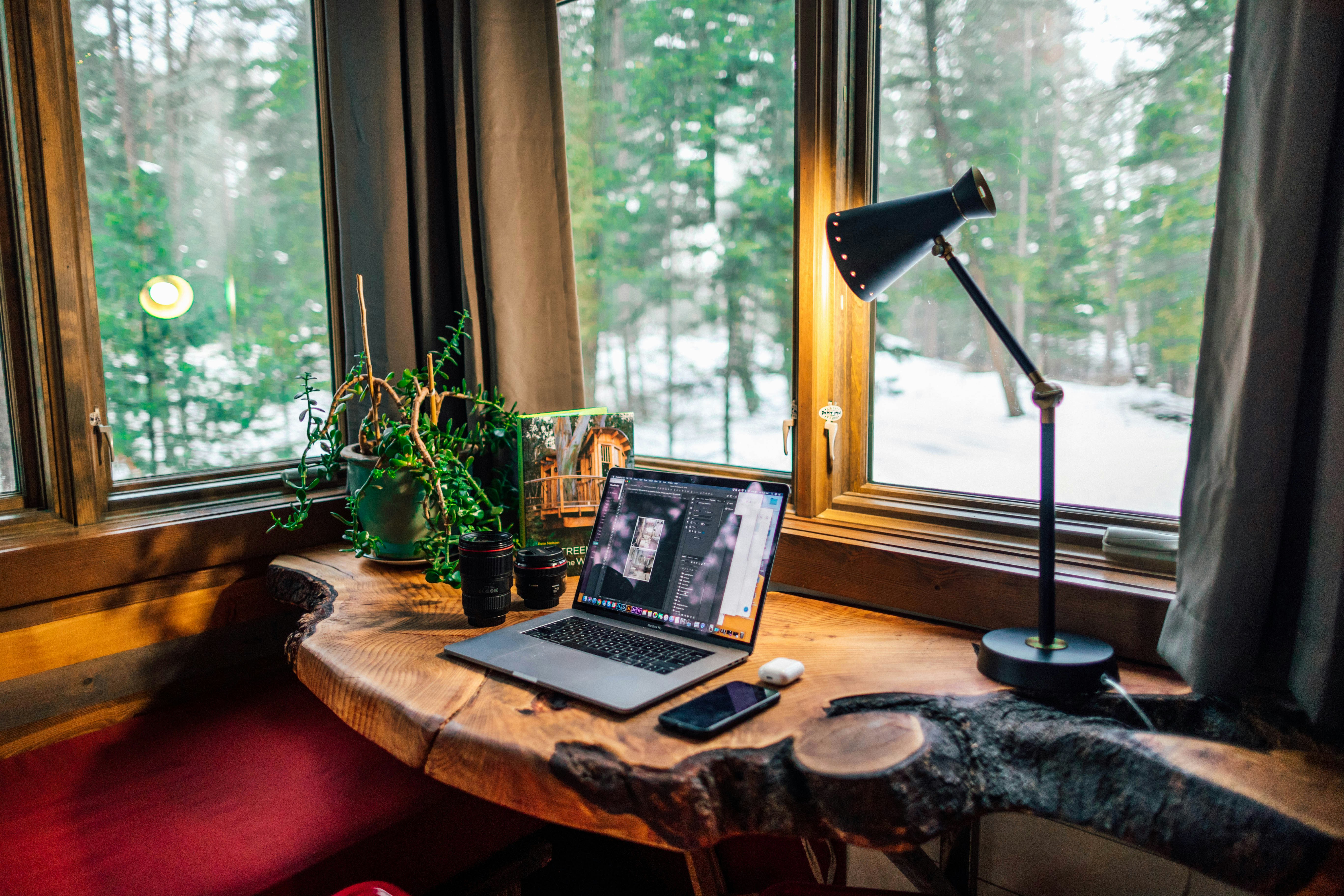 Warm workspace with live-edge wooden desk and forest view