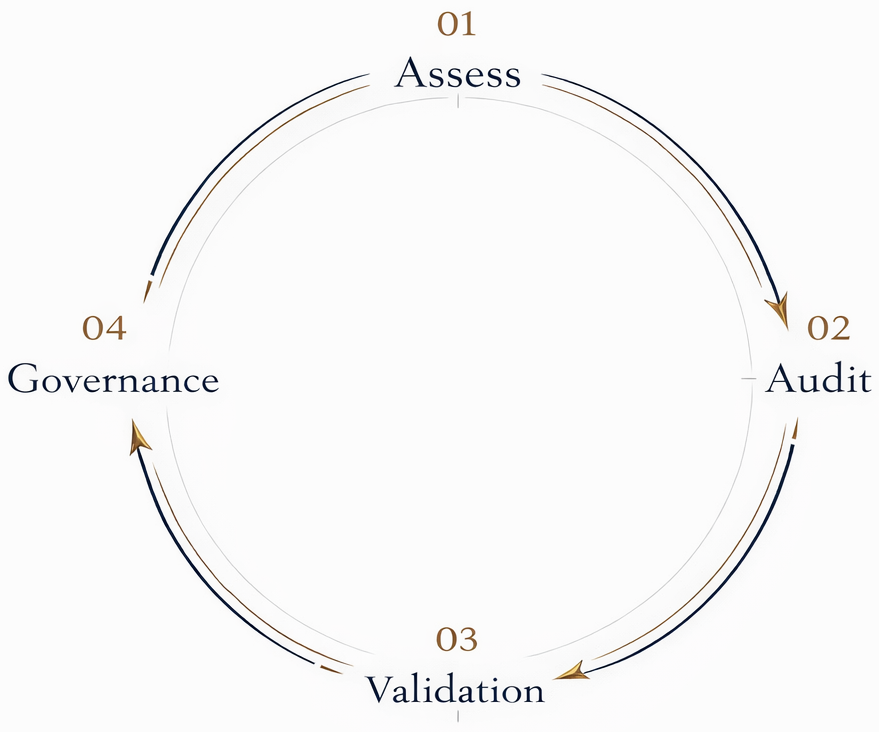The Verona Lifecycle: a continuous cycle moving from Assess to Audit to Validation to Governance